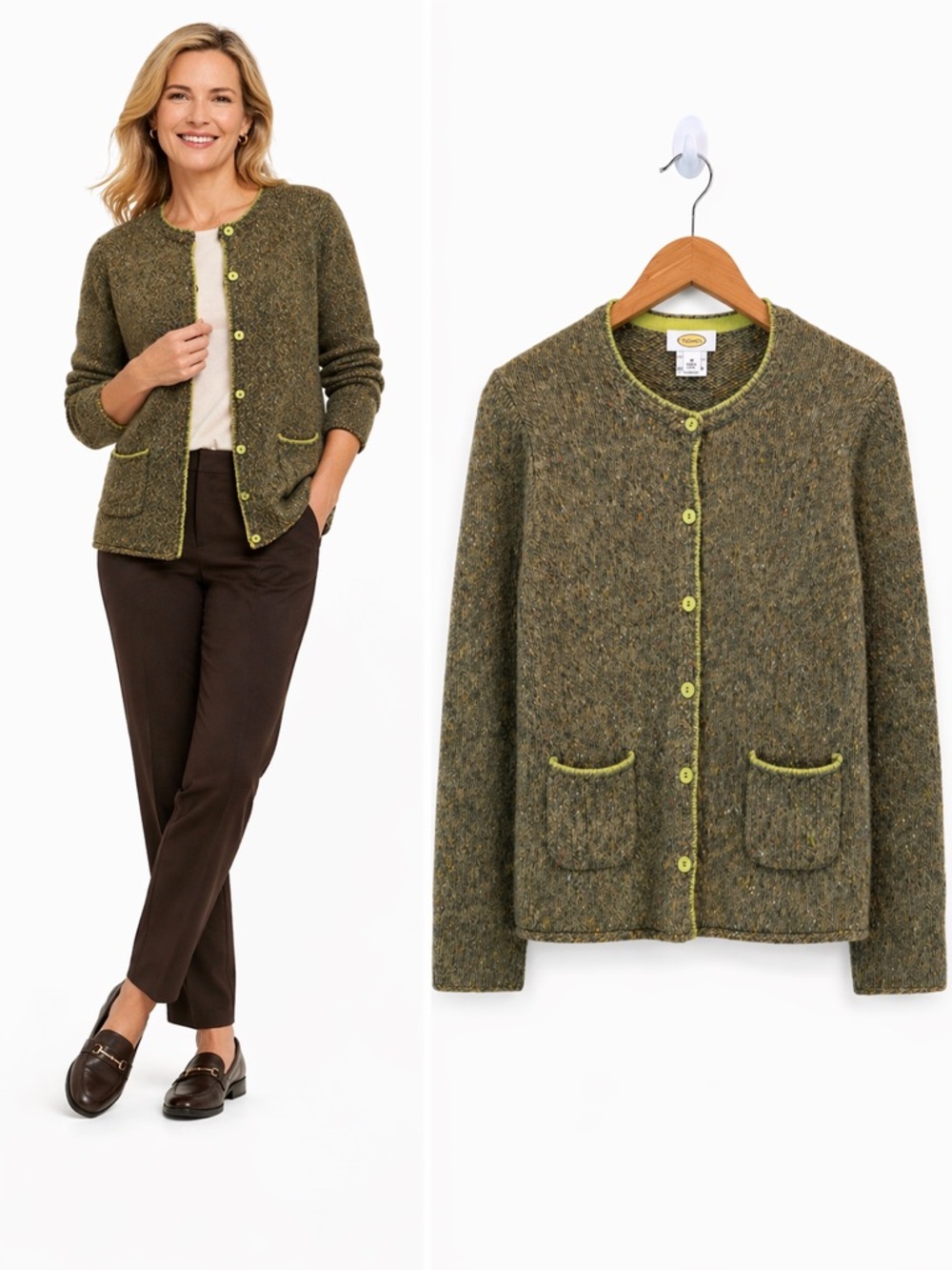Talbots Wool Angora Cardigan Sweater Olive Green Button Front Cozy Classic M
